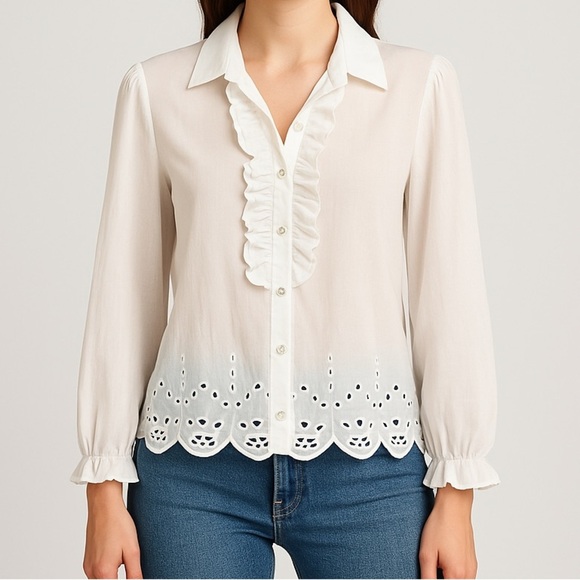 The Kooples White Eyelet Embroidered Anglaise‎ Ruffle Button Down Blouse - Picture 1 of 9